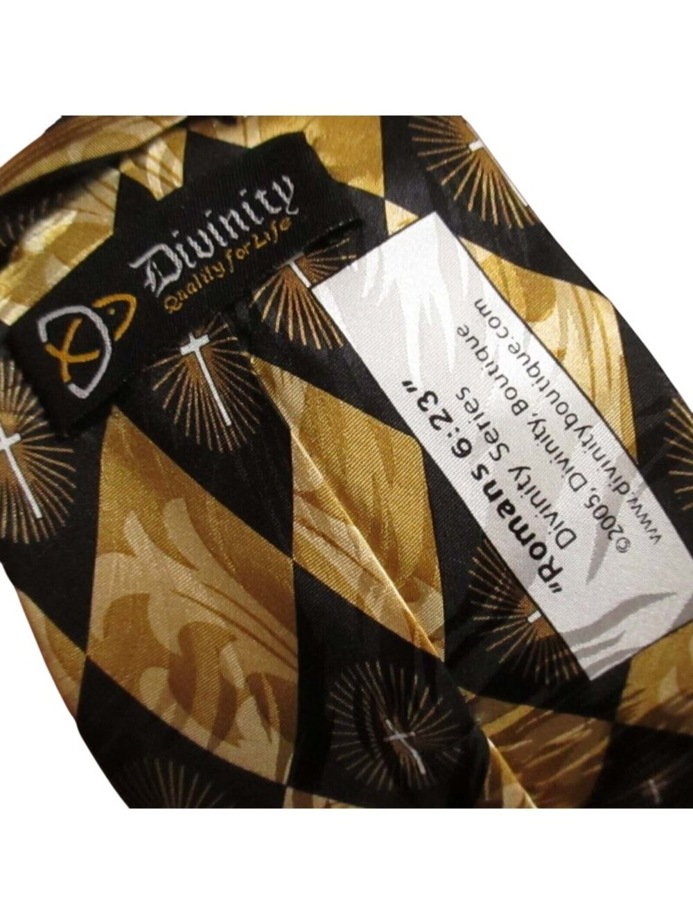 100% Silk Necktie Christian Cross Divinity Quality For life Gold/Black Cross 60"